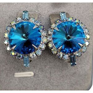Juliana Blue Rivoli Stud Clip-On Earrings Irridescent Halo Baguette Accents VTG